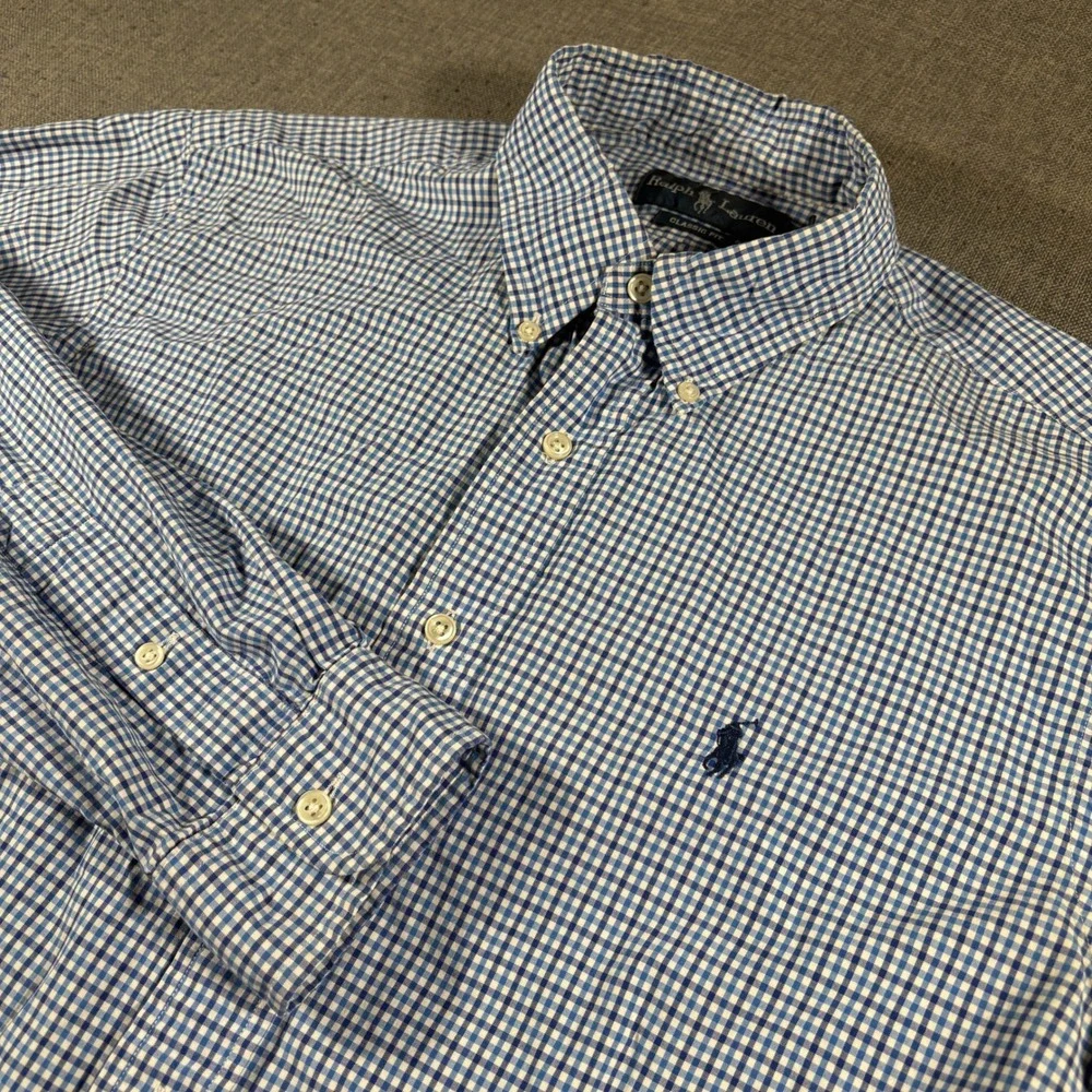 Ralph Lauren Button Down Shirt Mens Large Blue Gingham Classic Fit Long Sleeve